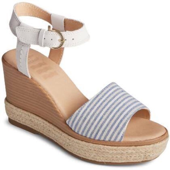 NWOT Sperry Womens Fairwater Leather Striped Wedge Sandals - Picture 1 of 9